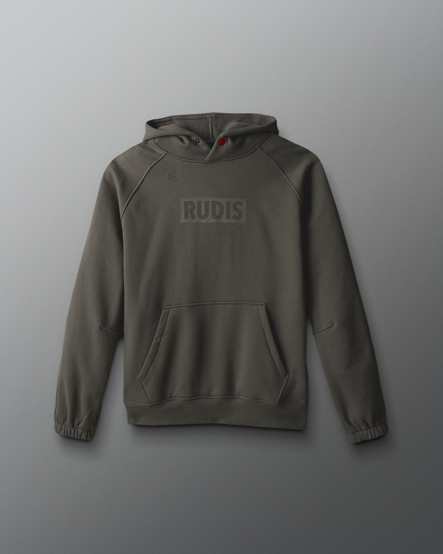 Green hoodie with 'RUDIS' branding on a gray background