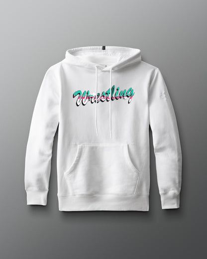 White hoodie with 'Wrestling' text on a gray background