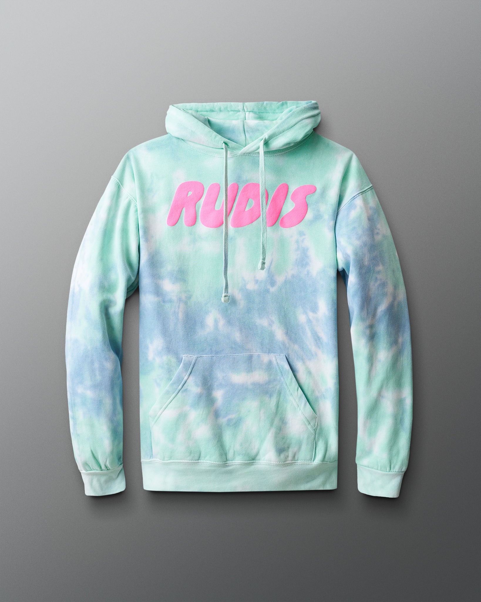 Tie-dye hoodie with 'RUDIS' text on a gray background