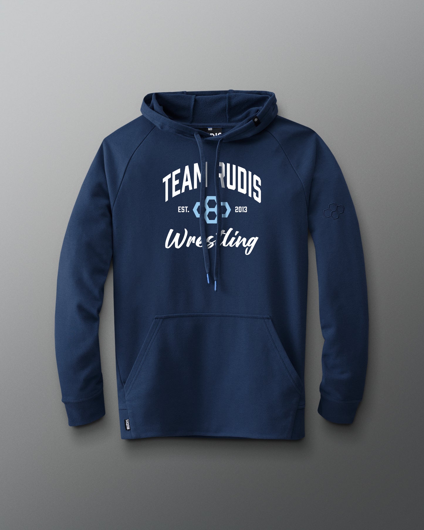 Navy blue hoodie with 'Team Rudis Wrestling' text on a gray background