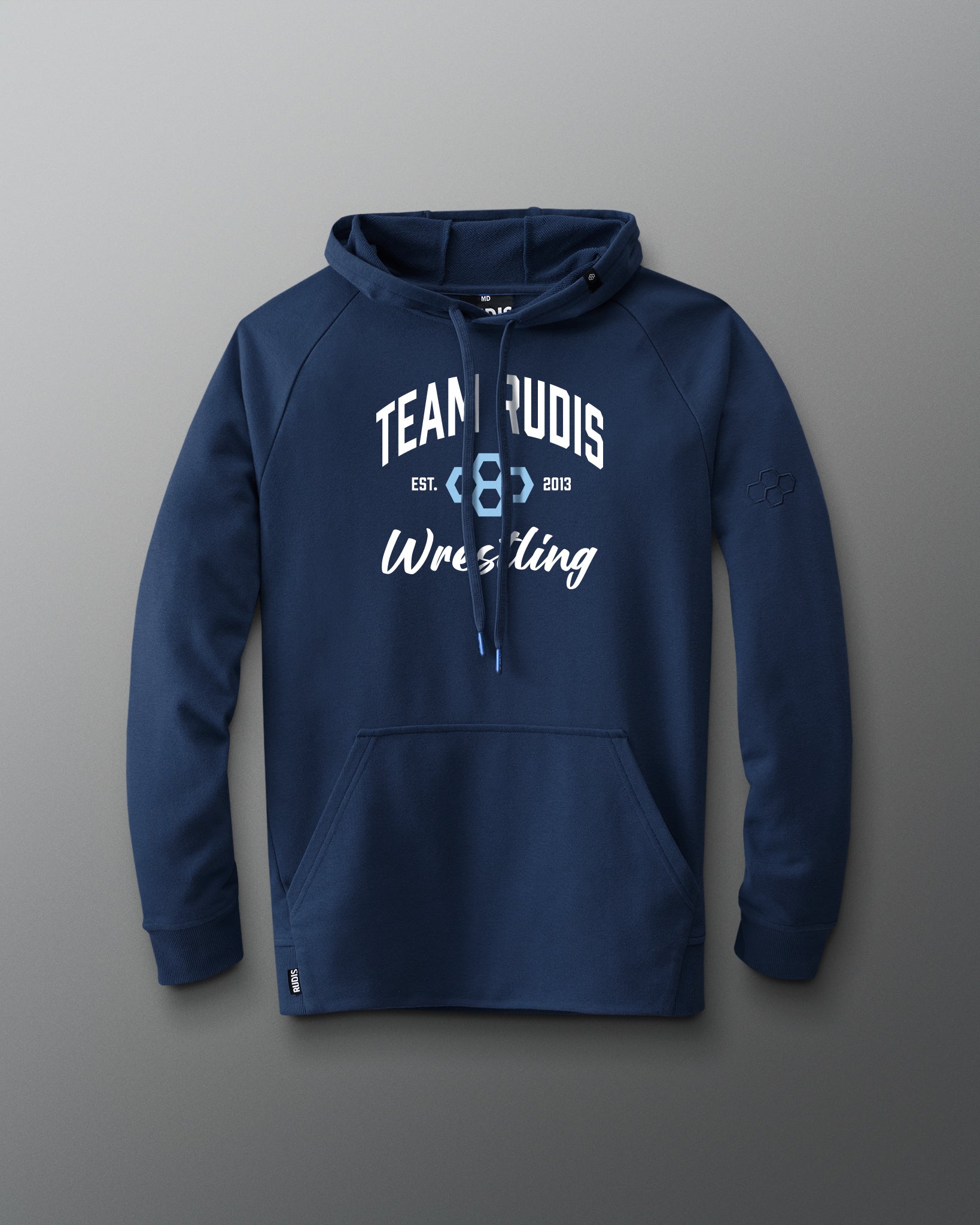 Navy blue hoodie with 'Team Rudis Wrestling' text on a gray background