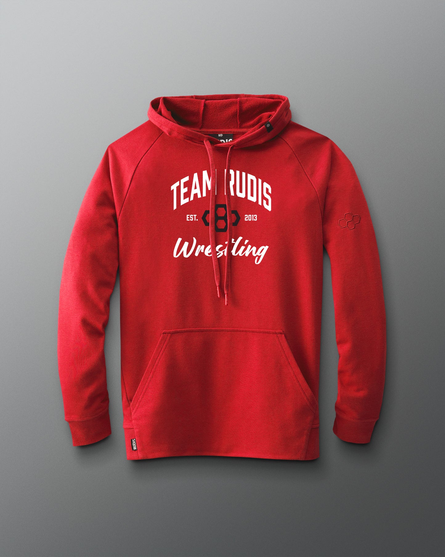 Red hoodie with 'Team Rudis Wrestling' text on a gray background