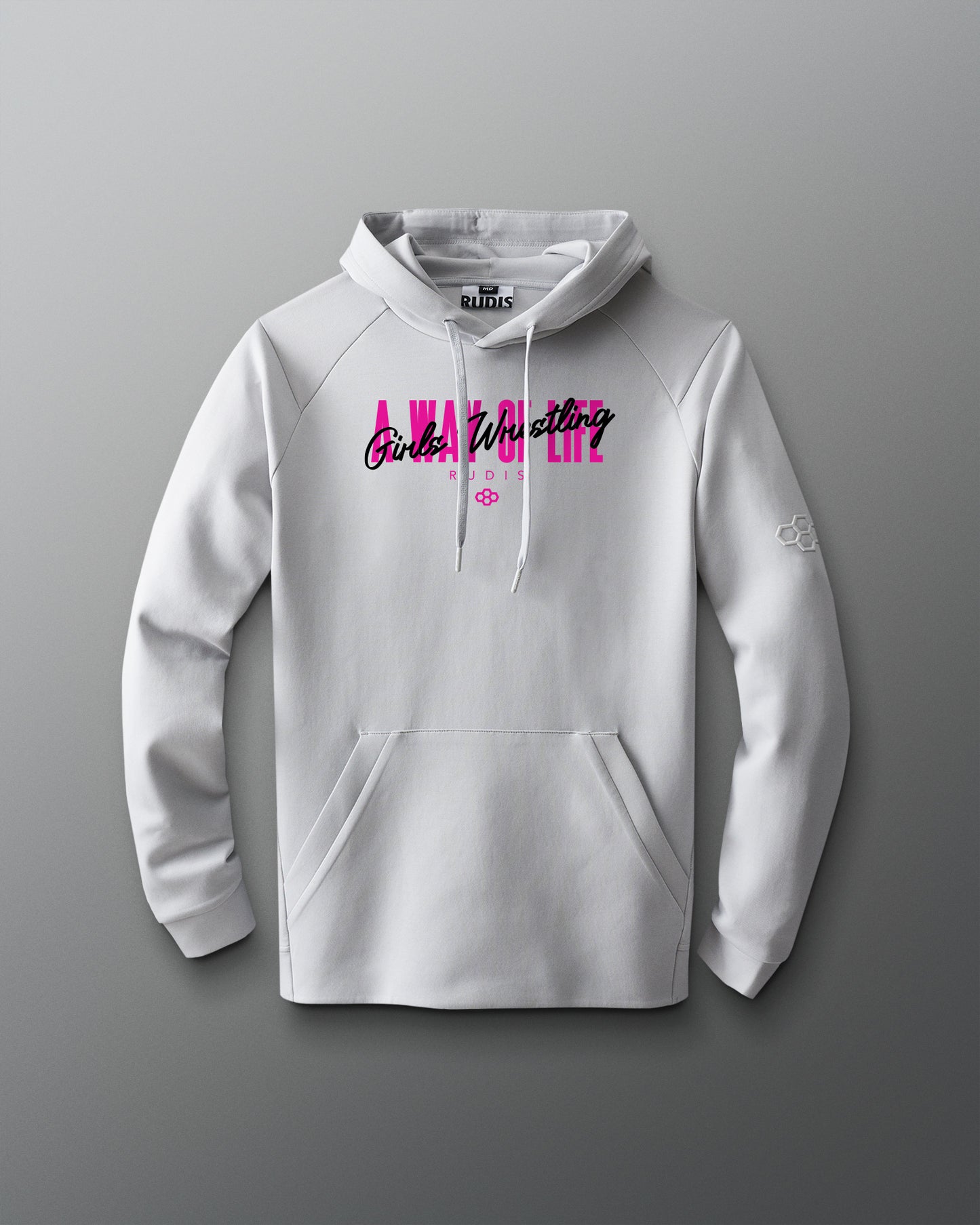 Gray hoodie with text design on a gray background