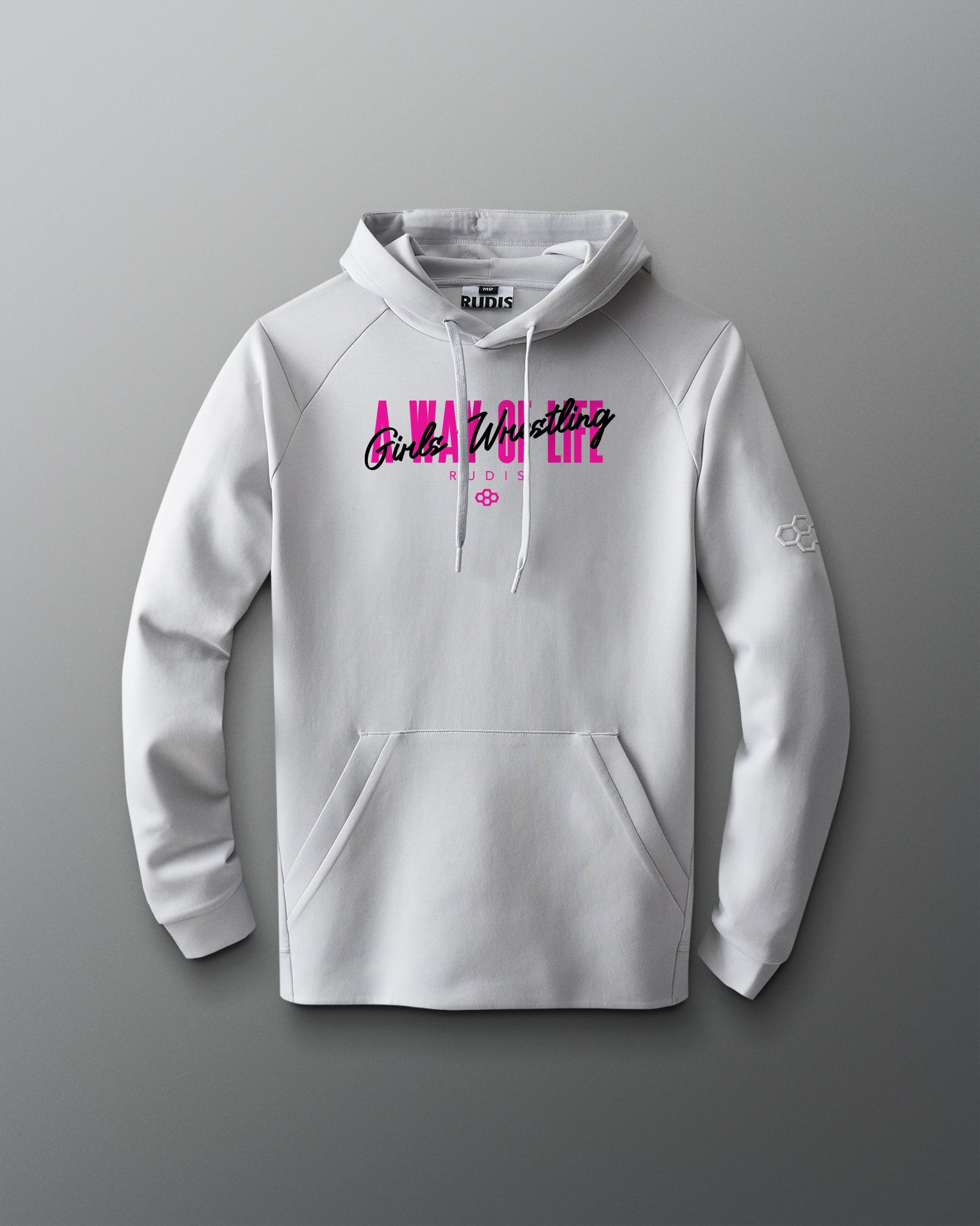 Gray hoodie with text design on a gray background