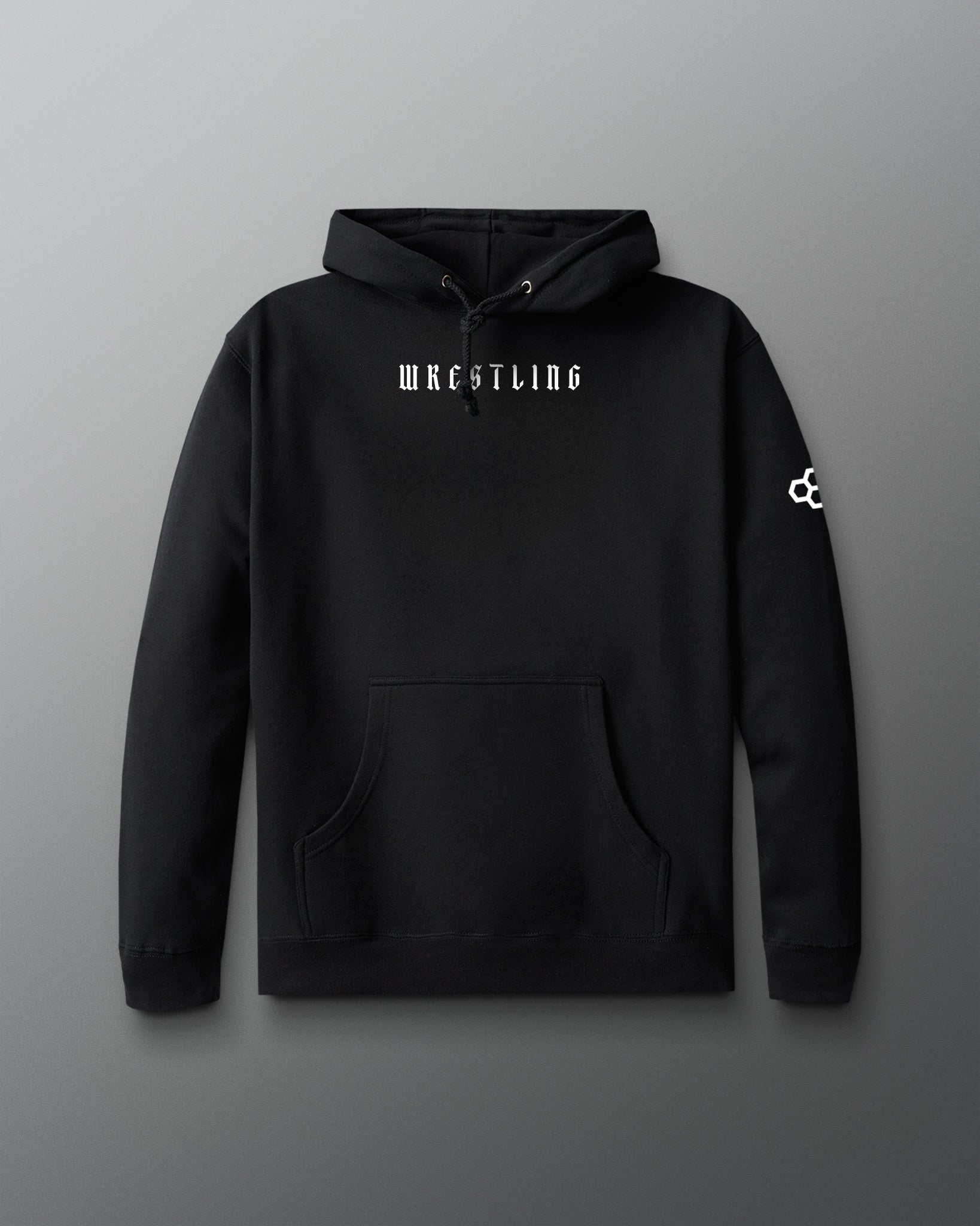 Black hoodie with 'Wrestling' text on a gray background