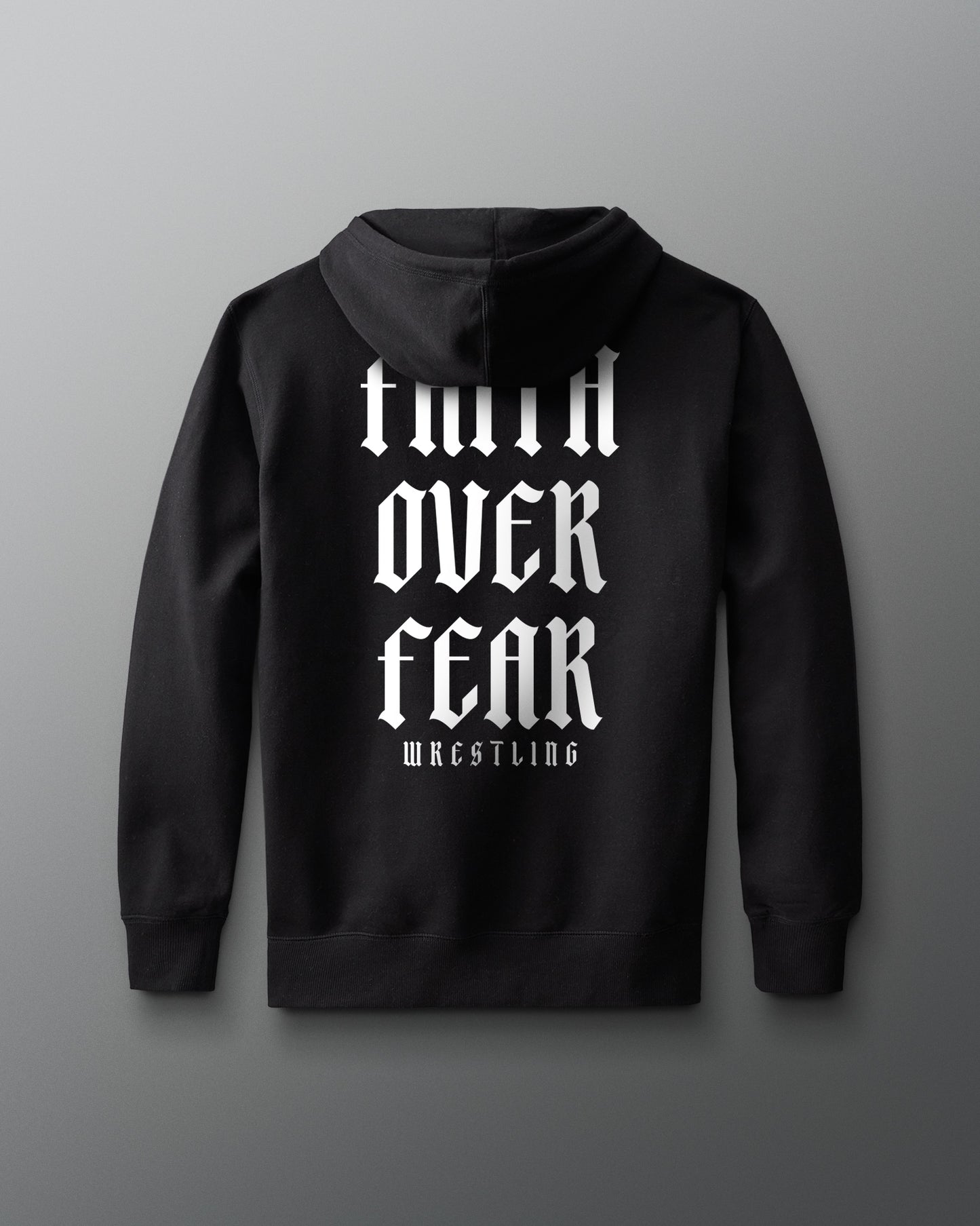 Black hoodie with white text on a gray background