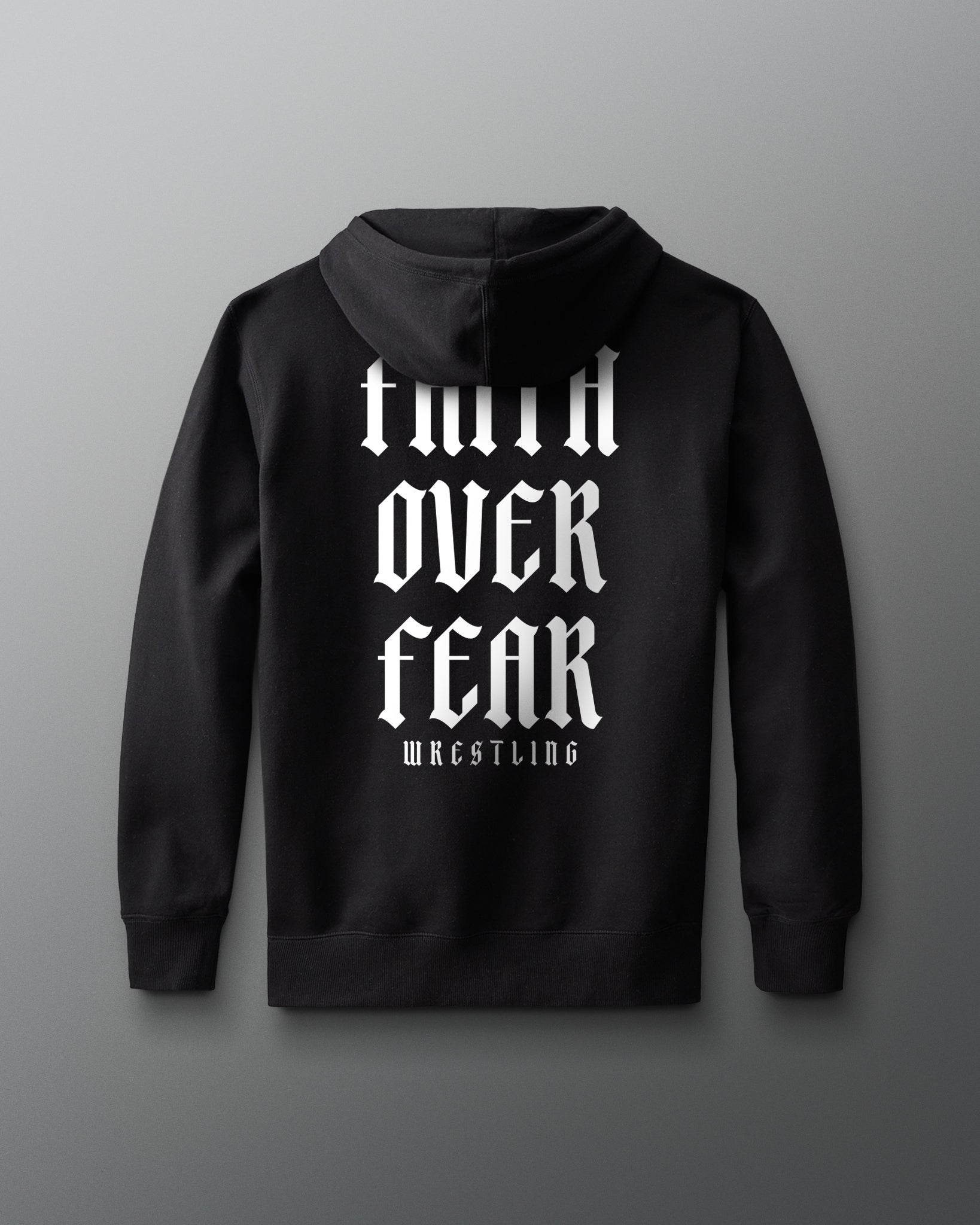 Black hoodie with white text on a gray background