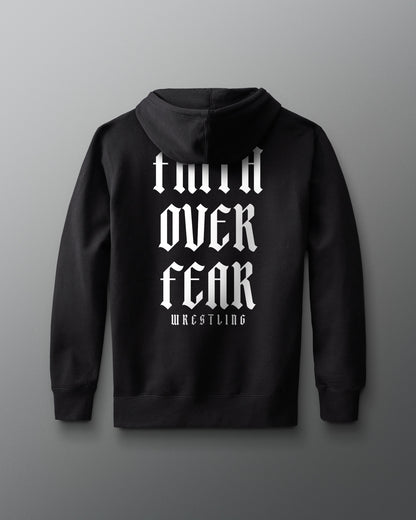 Black hoodie with white text on a gray background