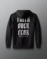 Black hoodie with white text on a gray background