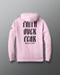 Pink hoodie with 'Faith Over Fear Wrestling' text on the back against a gray background