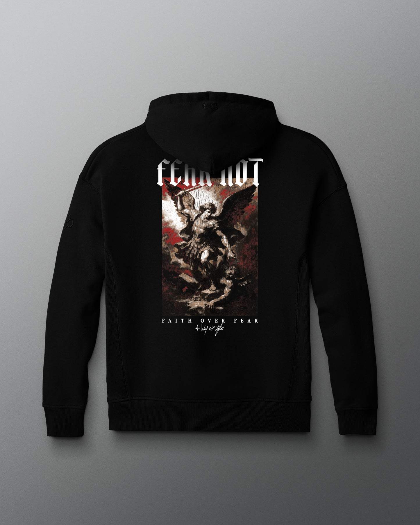 Fear Not Faith over fear Black hoodie with graphic design and text on a gray background