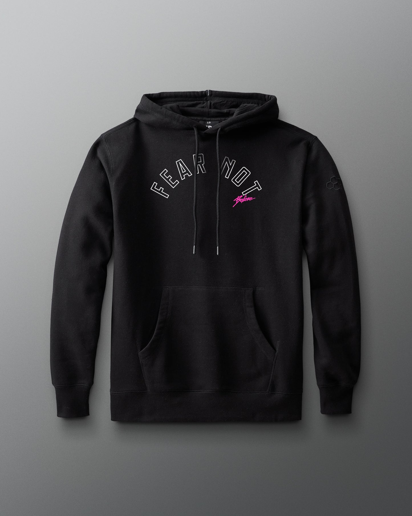 Black hoodie with 'FEAR NOT' text and logo on a gray background