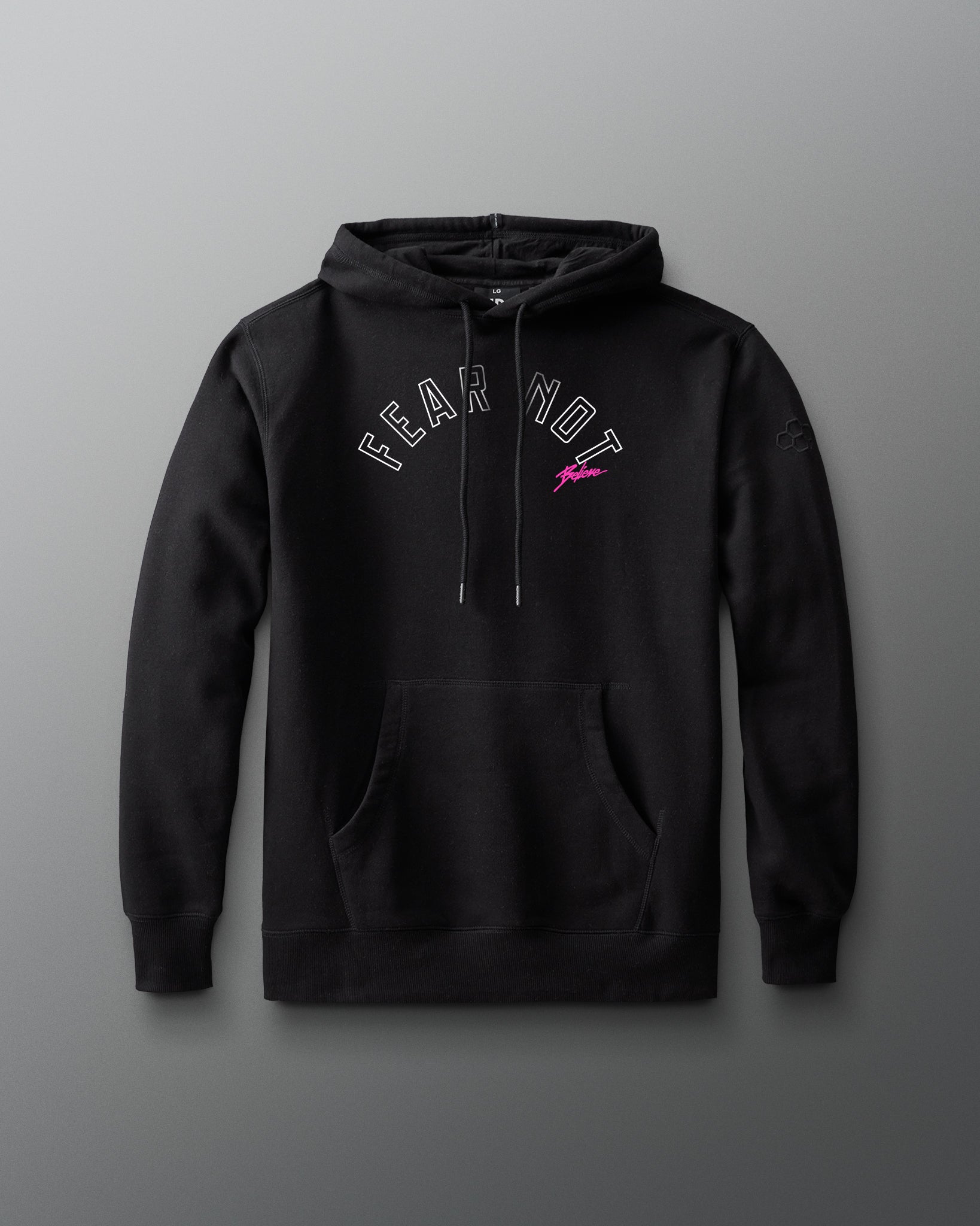 Black hoodie with 'FEAR NOT' text and logo on a gray background