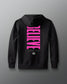 Black hoodie with pink 'BELIEVE' text on a gray background