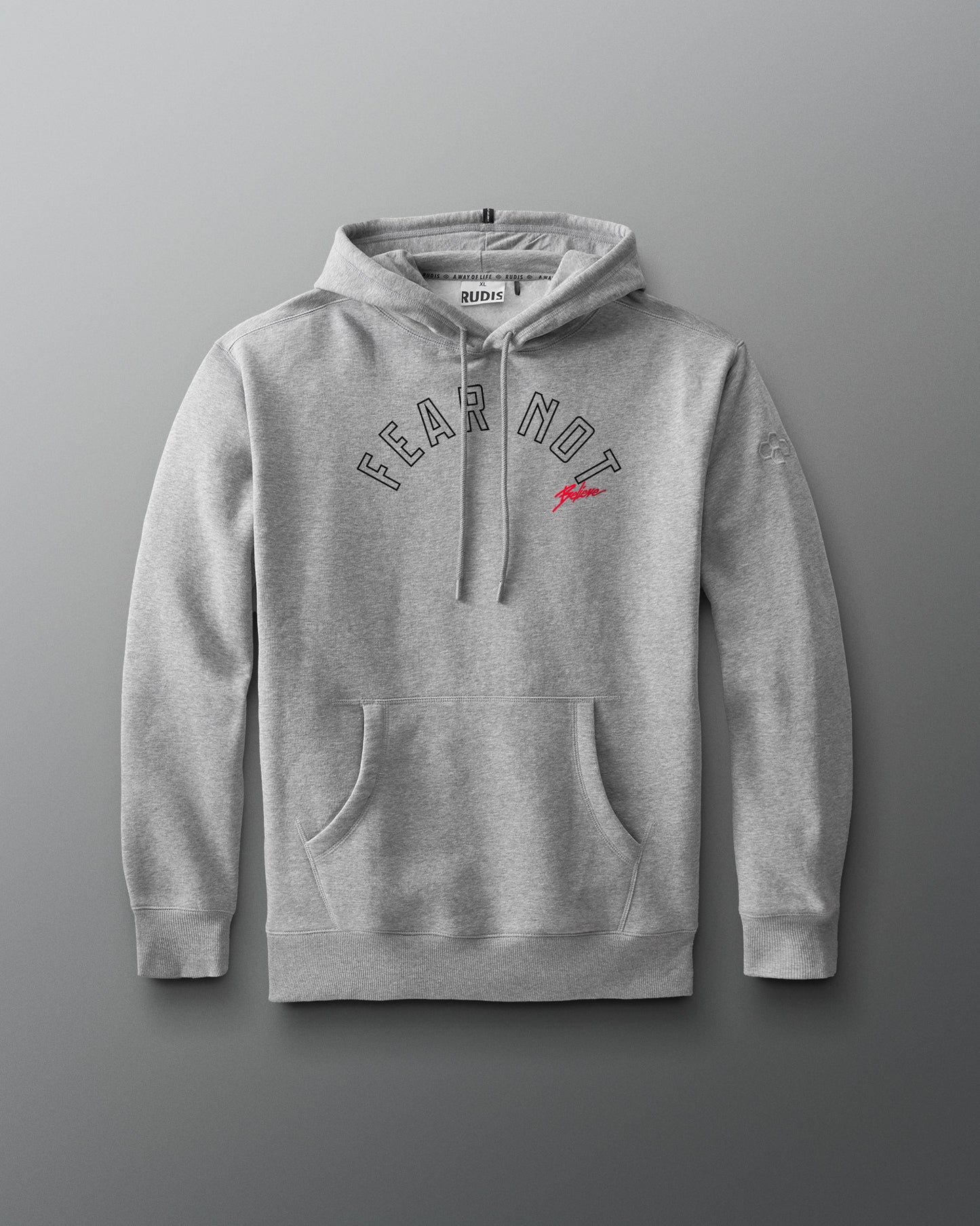 Gray hoodie with 'FEAR NOT' text on a gray background