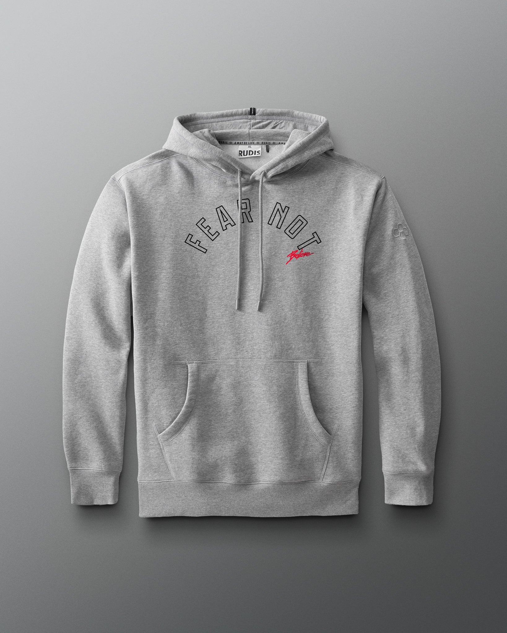Gray hoodie with 'FEAR NOT' text on a gray background