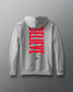 Gray hoodie with 'BELIEVE' printed in red on the back against a gray background