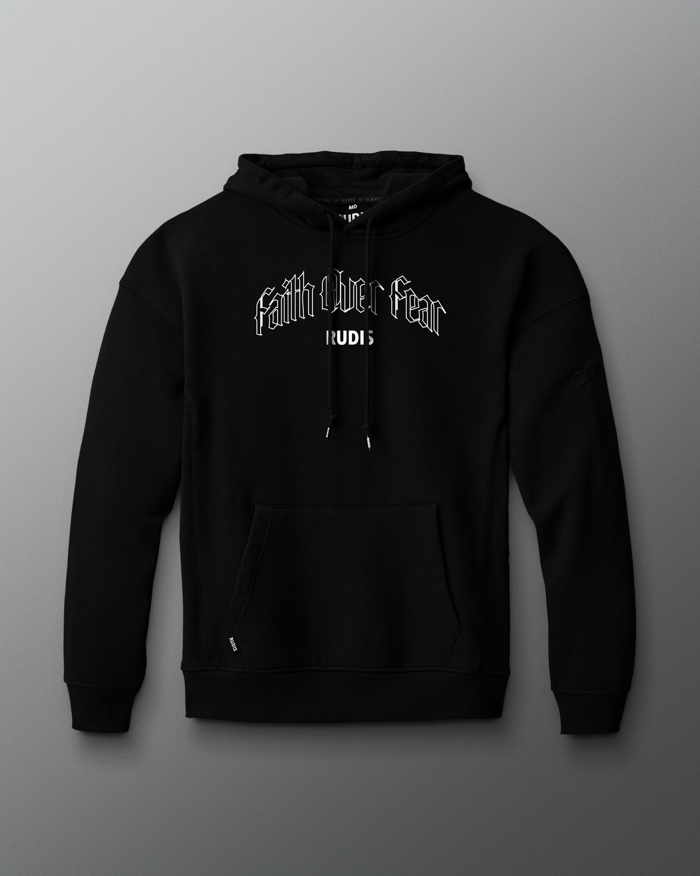 Black hoodie with 'Faith over Fear' text on a gray background