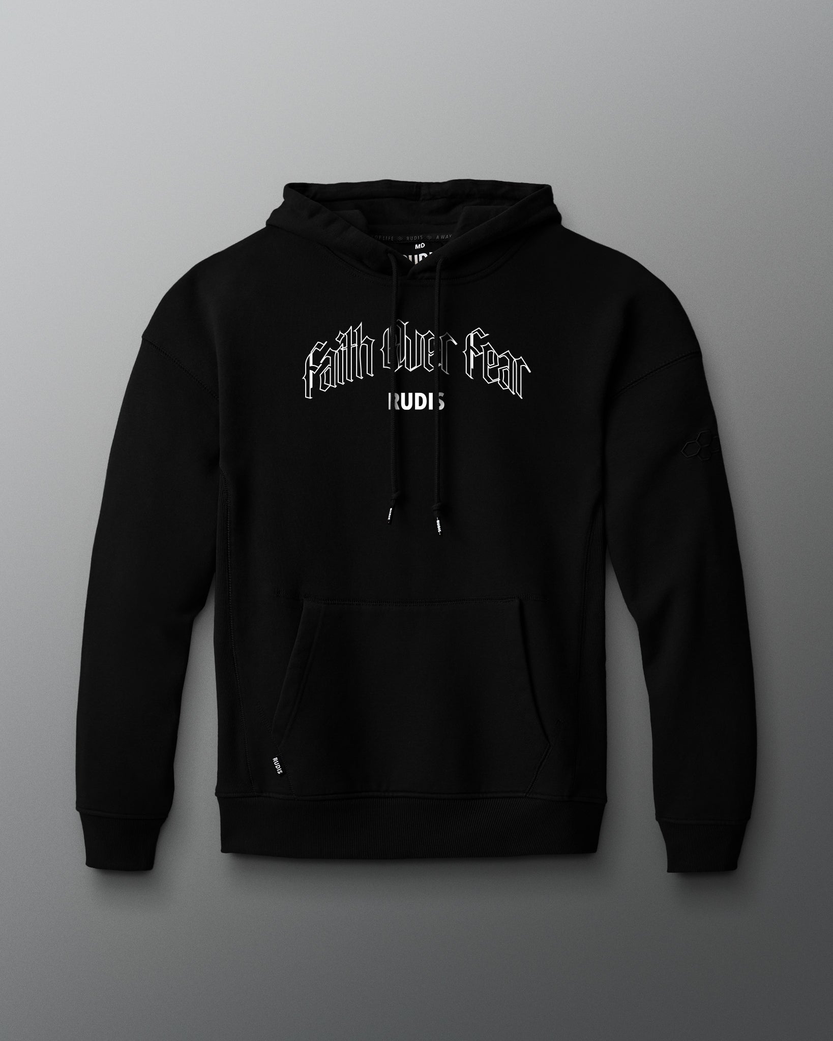 Black hoodie with 'Faith over Fear' text on a gray background