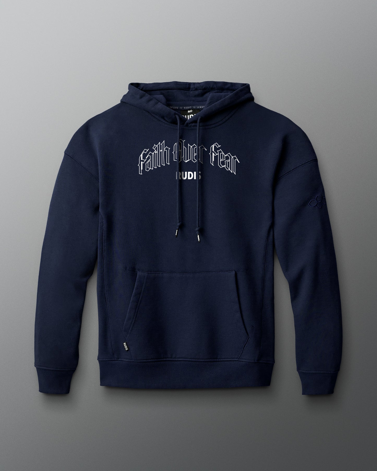 Navy blue hoodie with text on a gray background