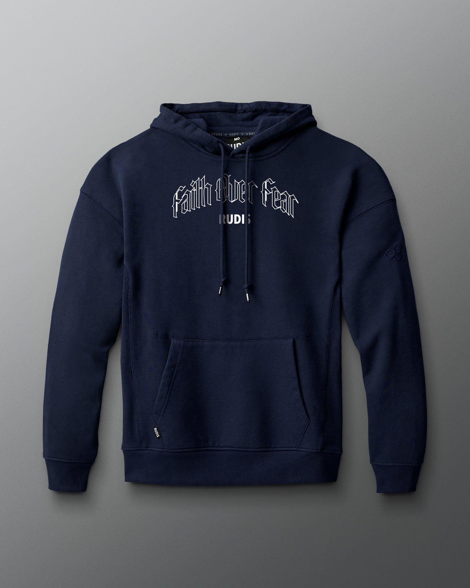 Navy blue hoodie with text on a gray background