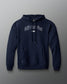 Navy blue hoodie with text on a gray background