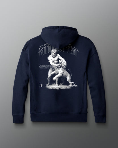 Navy blue hoodie with a graphic design on the back against a gray background