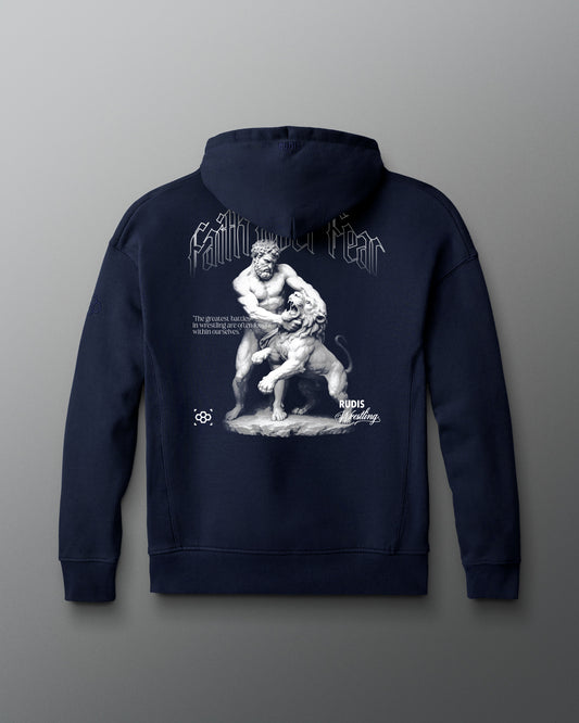 Navy blue hoodie with a graphic design on the back against a gray background