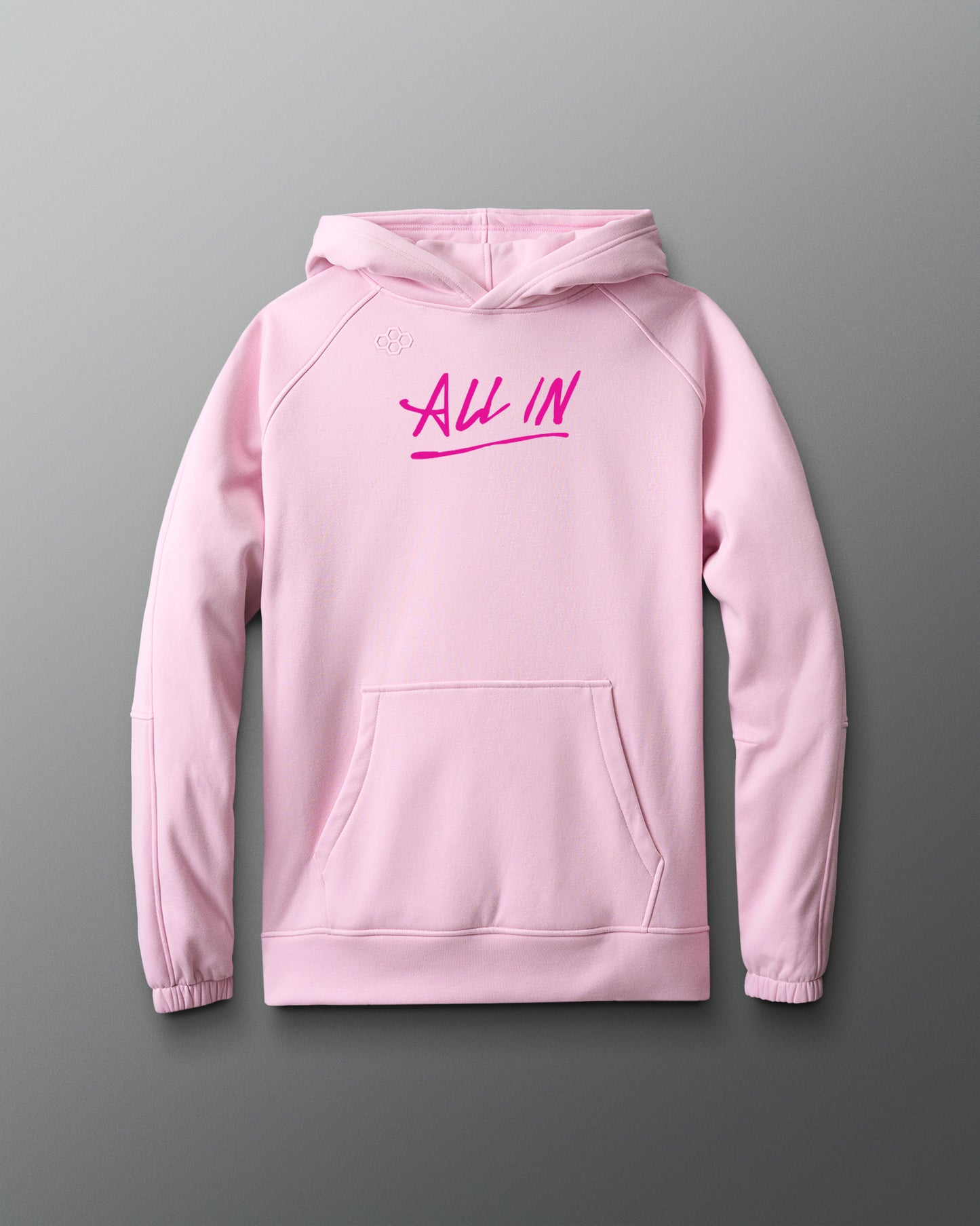 Pink hoodie with 'ALL IN' text on the back against a gray background