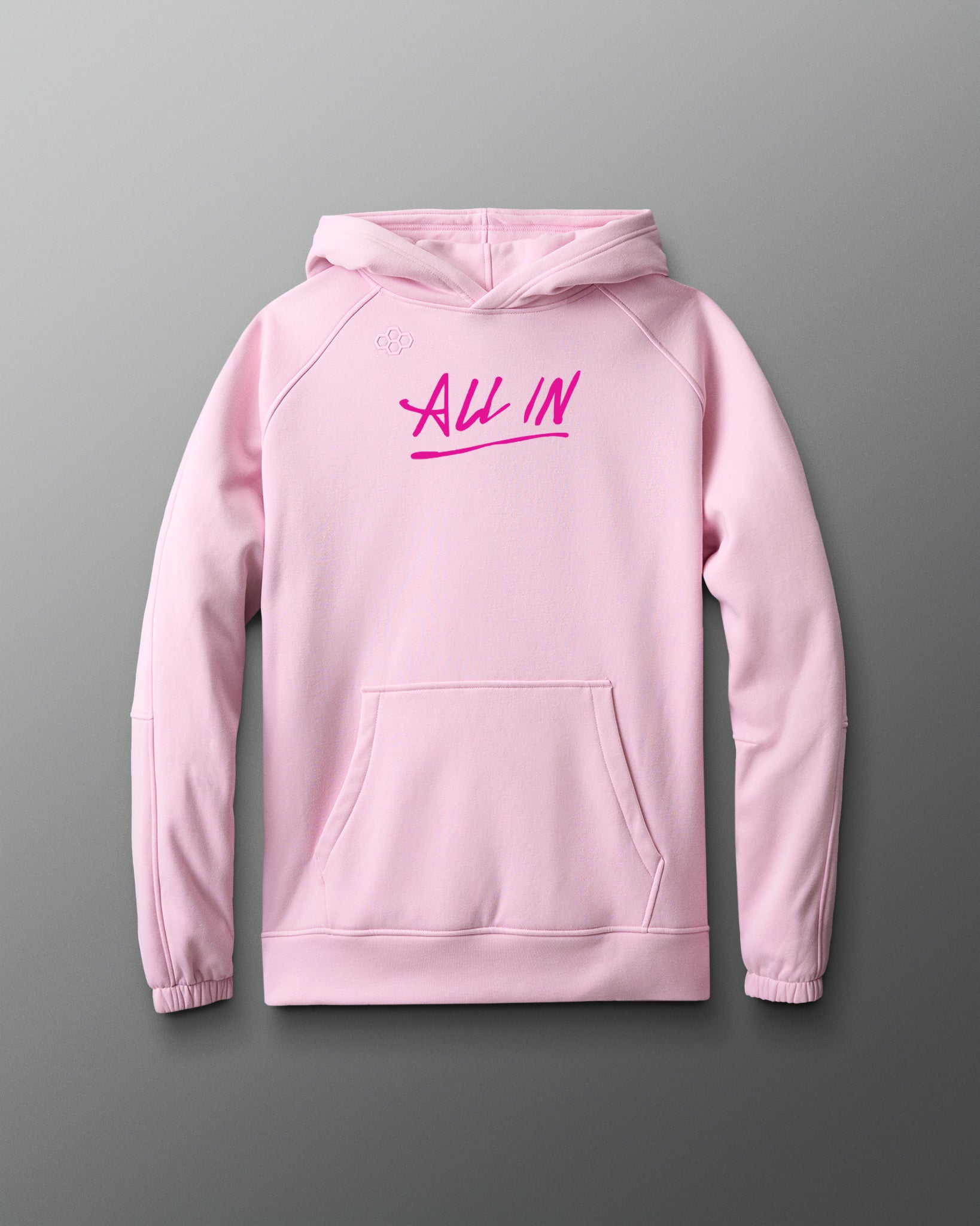 Pink hoodie with 'ALL IN' text on the back against a gray background