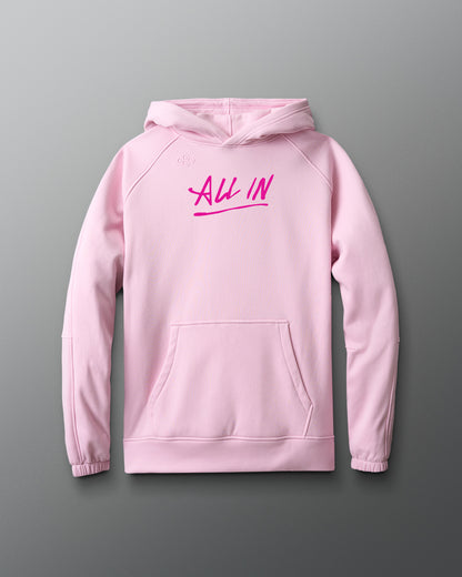 Pink hoodie with 'ALL IN' text on the back against a gray background