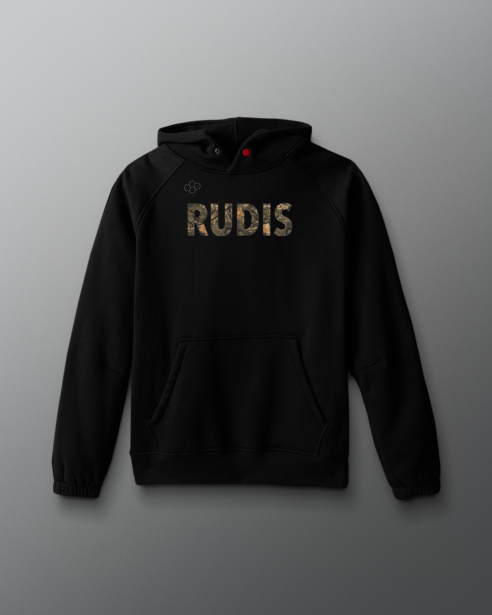 Black hoodie with 'RUDIS' text on a gray background