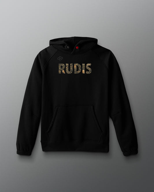 Black hoodie with 'RUDIS' text on a gray background