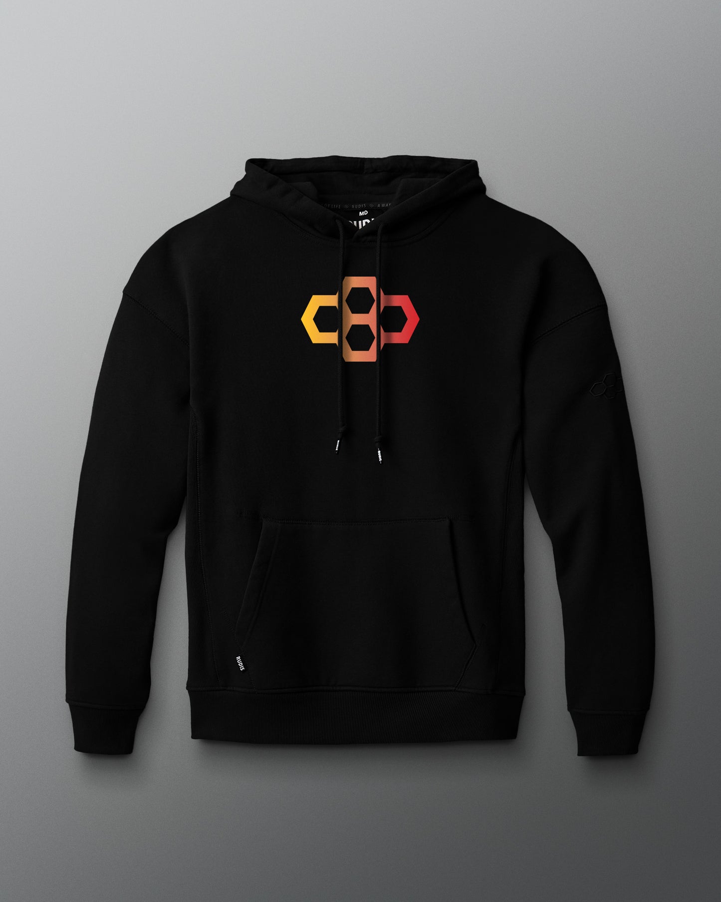 Black hoodie with a geometric logo on a gray background