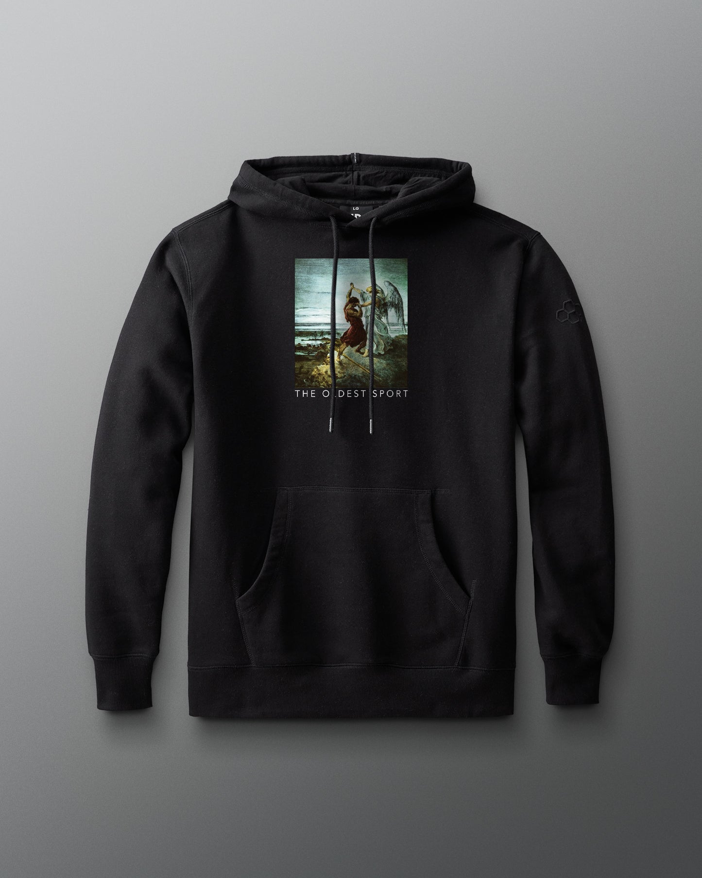 Black hoodie with a graphic design on a gray background