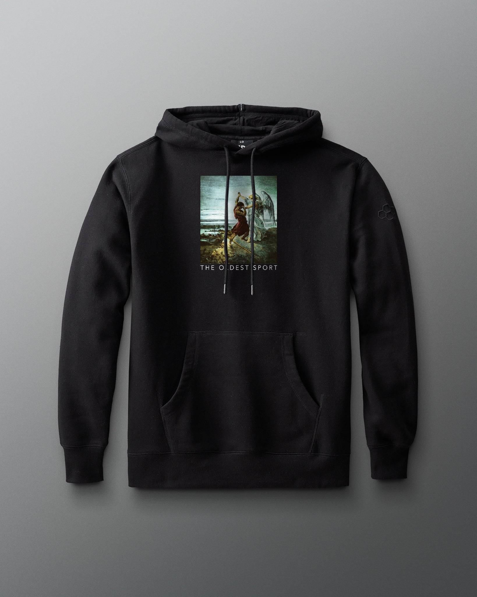 Black hoodie with a graphic design on a gray background