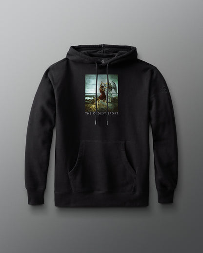 Black hoodie with a graphic design on a gray background