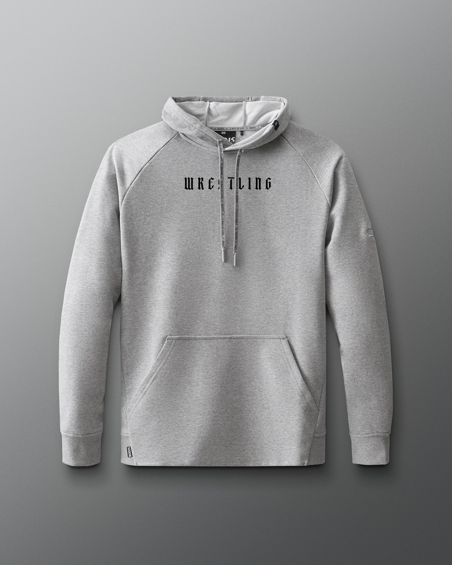 Gray hoodie with 'Wrestling' text on a gray background