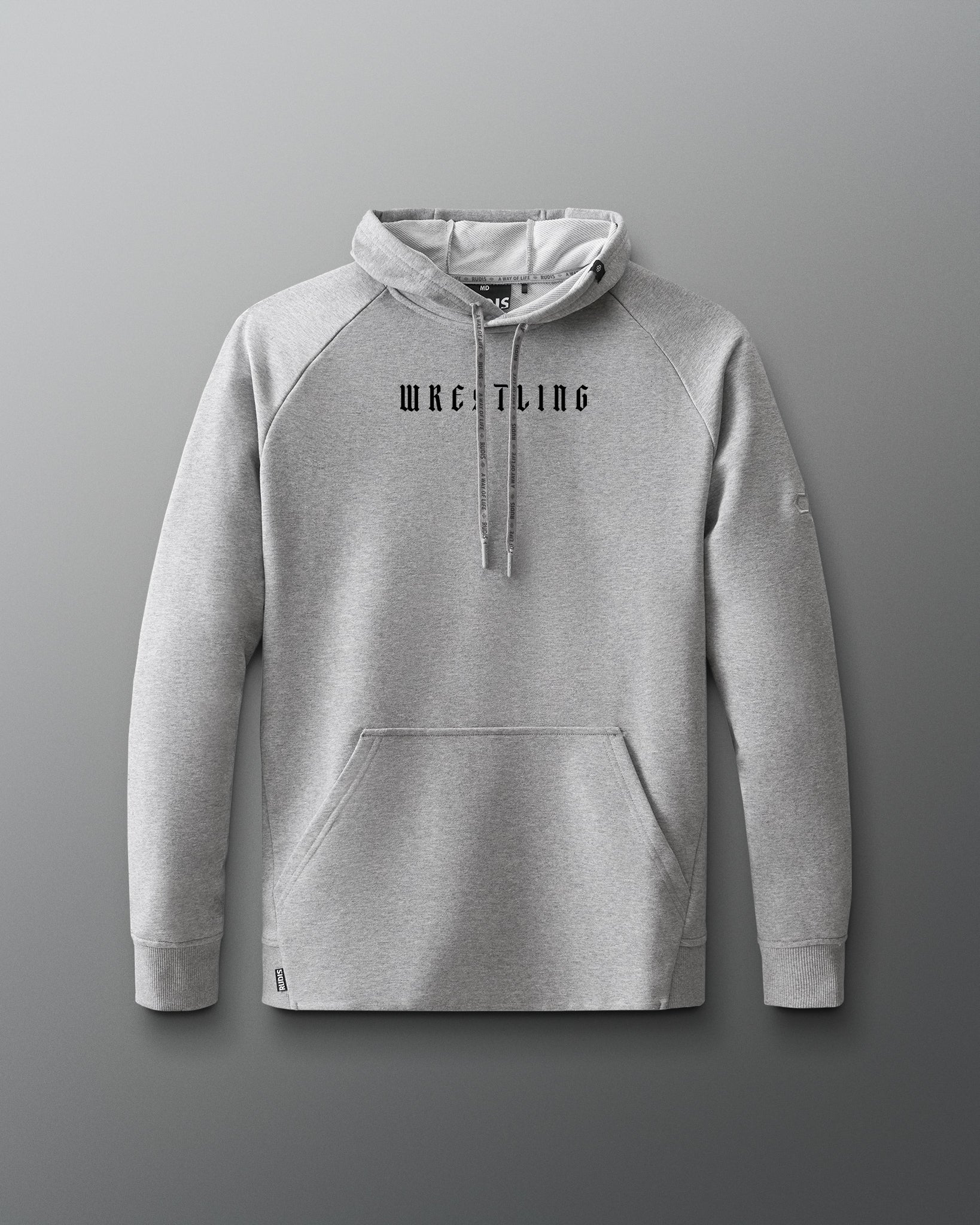 Gray hoodie with 'Wrestling' text on a gray background