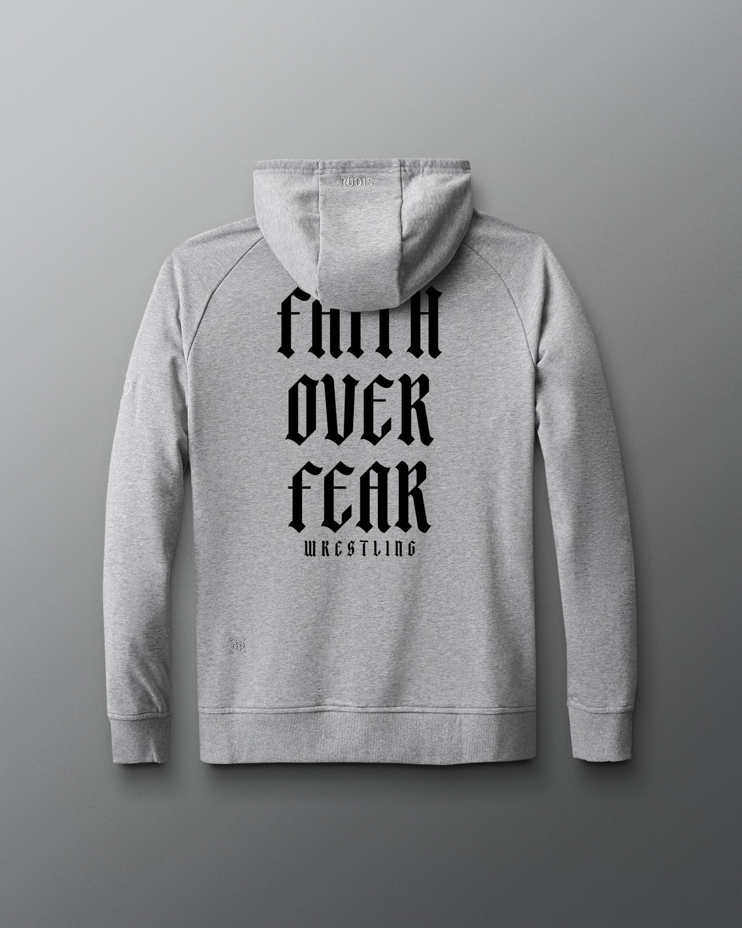 Gray hoodie with text on the back against a gray background