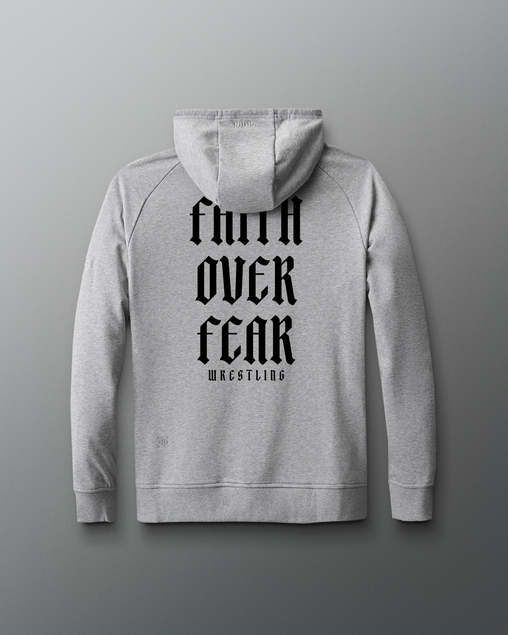 Gray hoodie with text on the back against a gray background