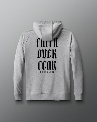 Gray hoodie with text on the back against a gray background
