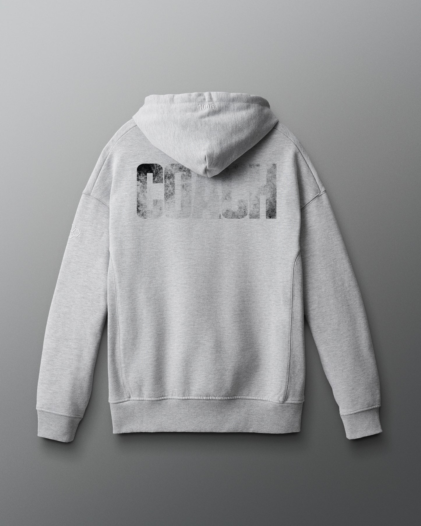 Gray hoodie with a brand logo on the back against a gray background