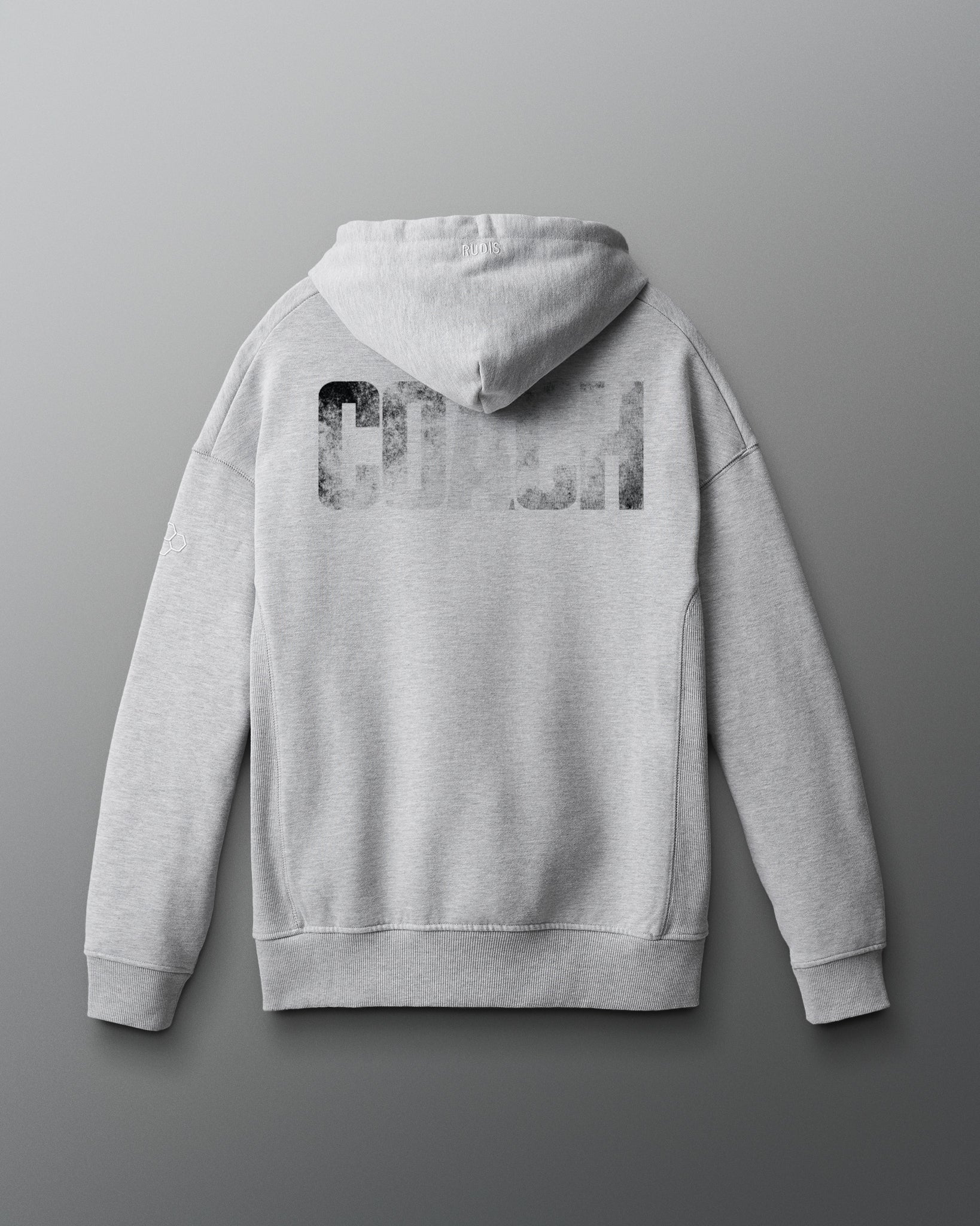 Gray hoodie with a brand logo on the back against a gray background