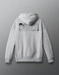 Gray hoodie with a brand logo on the back against a gray background