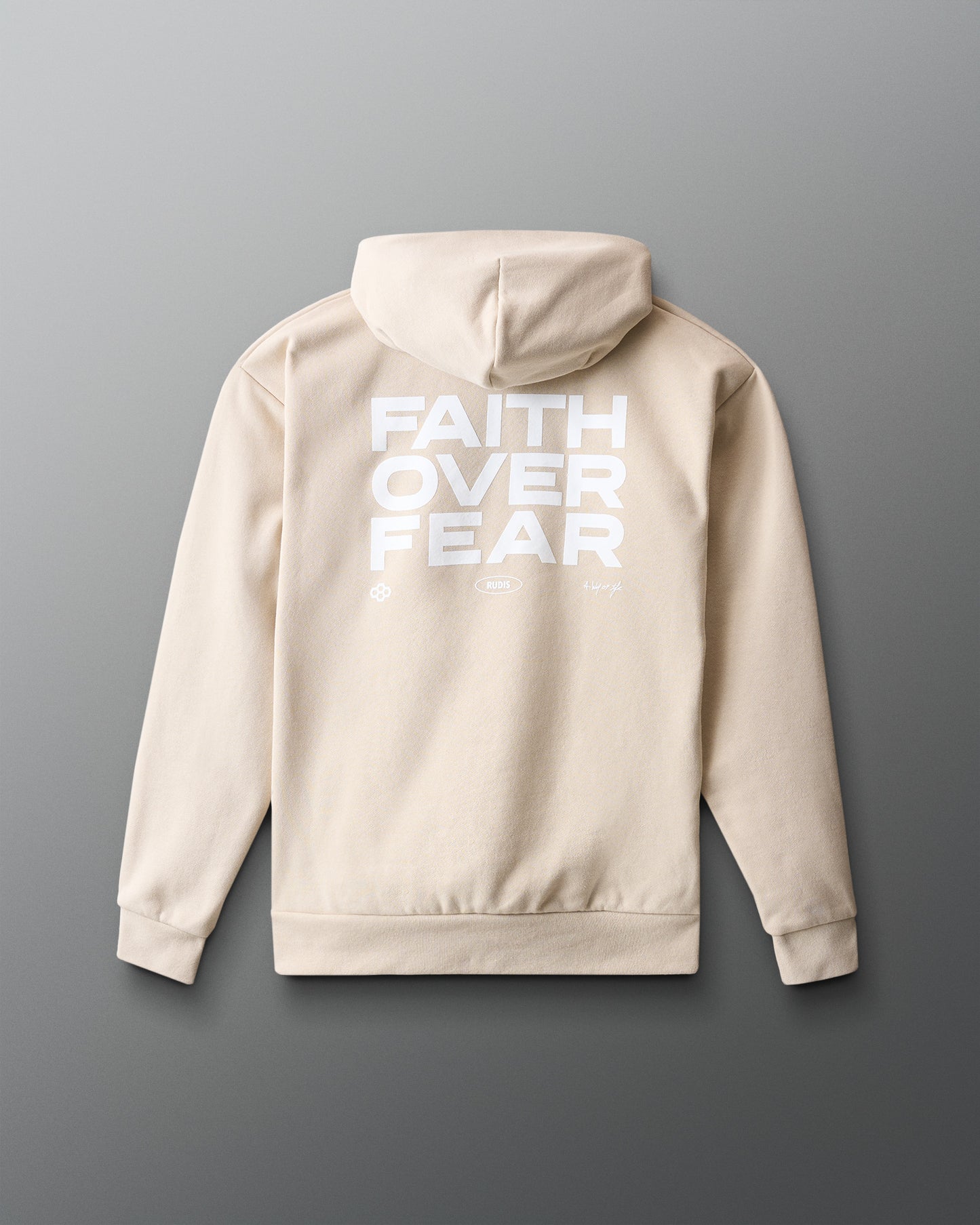 Beige hoodie with 'FAITH OVER FEAR' text on the back against a gray background