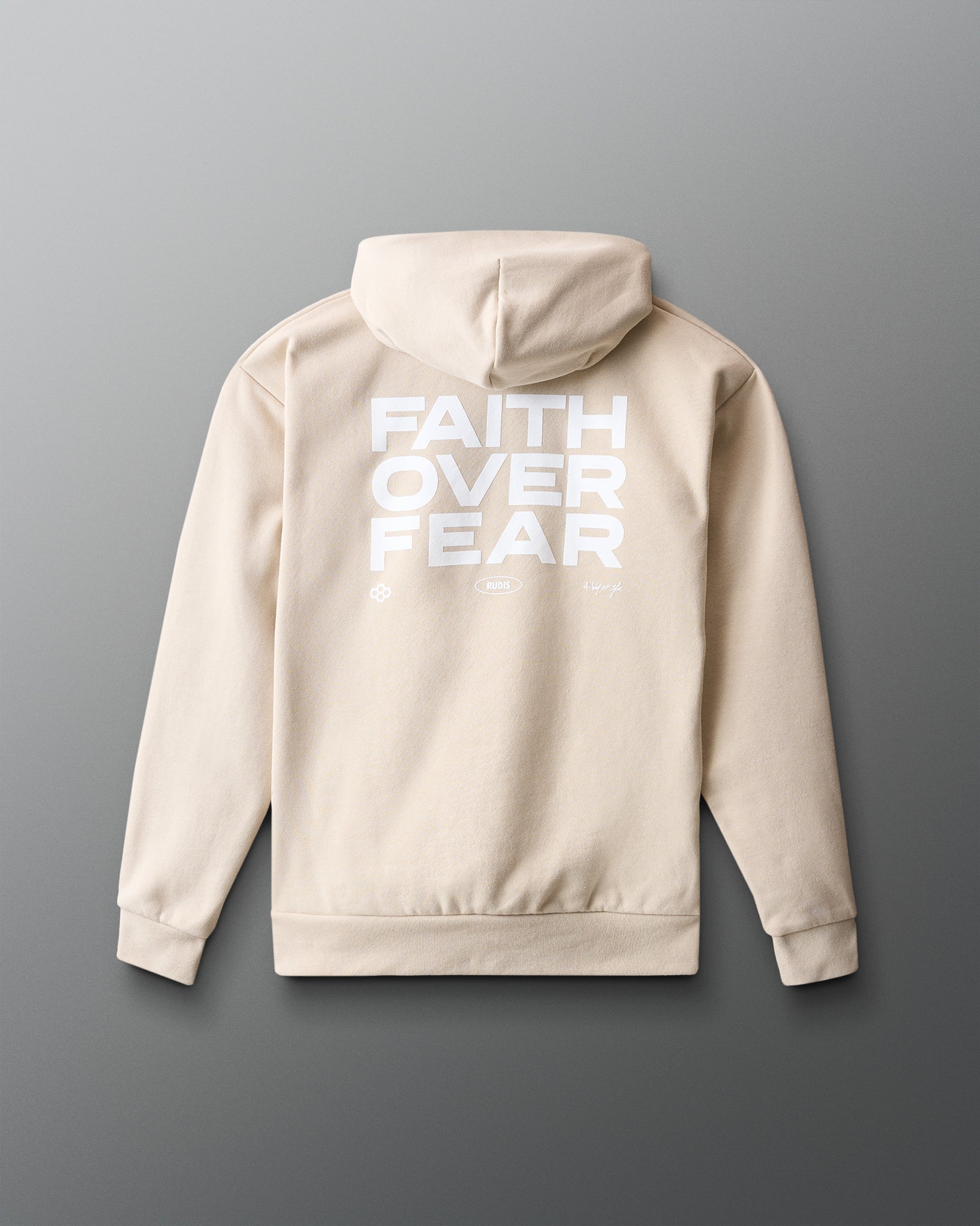 Beige hoodie with 'FAITH OVER FEAR' text on the back against a gray background