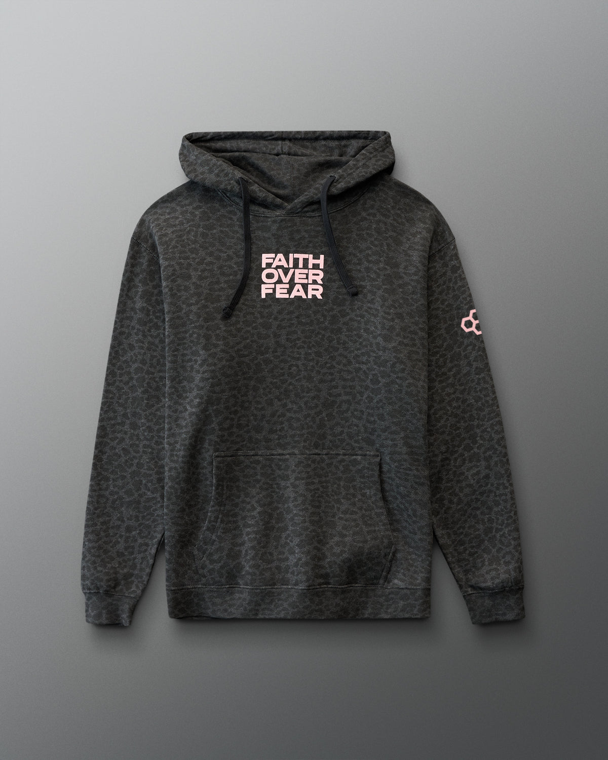 Dark gray hoodie with animal print and 'Faith Over Fear' text on a gray background
