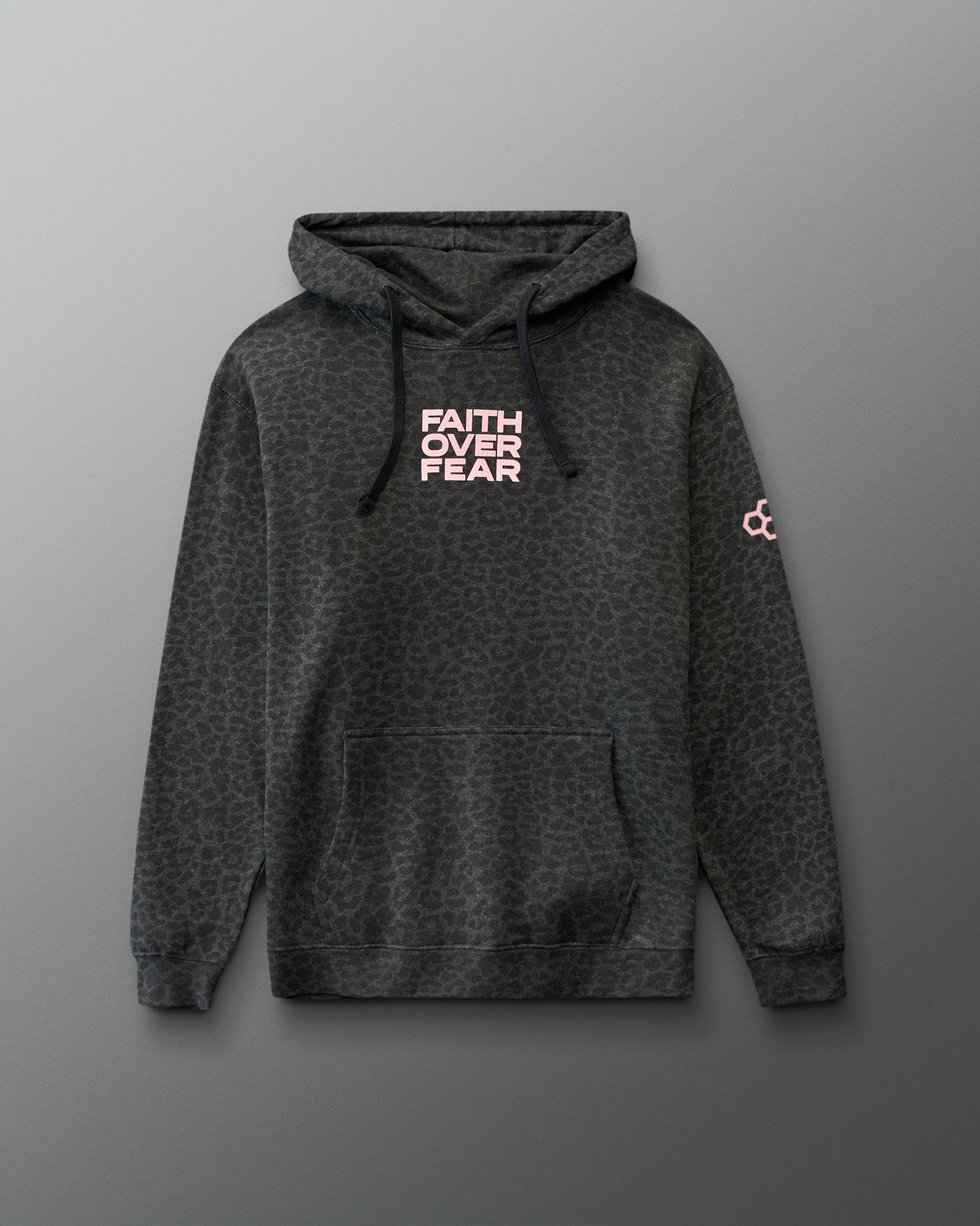 Dark gray hoodie with animal print and 'Faith Over Fear' text on a gray background