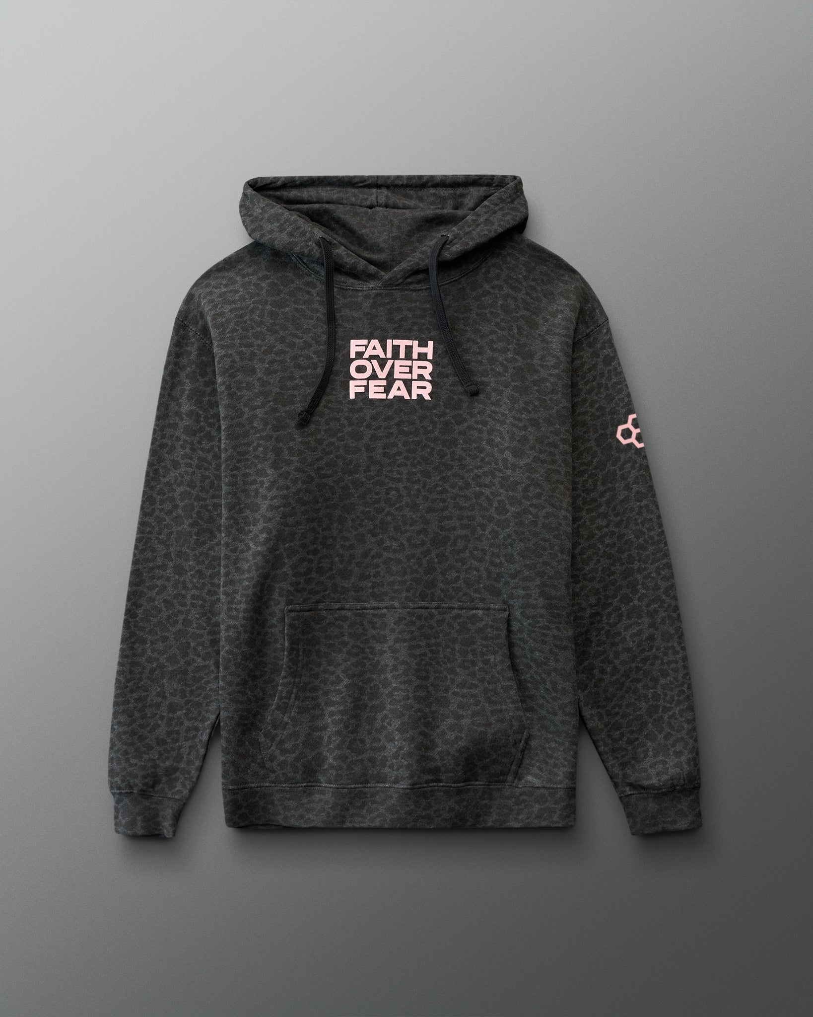 Dark gray hoodie with animal print and 'Faith Over Fear' text on a gray background